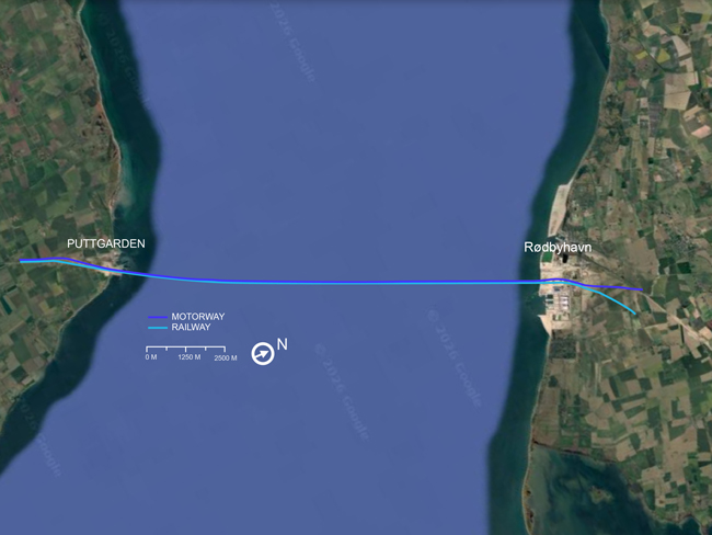Satellite map of the Fehmarn Belt between Puttgarden, Germany, and Rødbyhavn, Denmark, showing the planned motorway and railway routes crossing the strait, with a scale bar and north arrow.