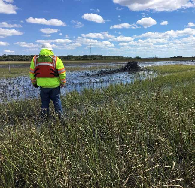 Dredging project manager monitoring dredged sediment placement in April 2019