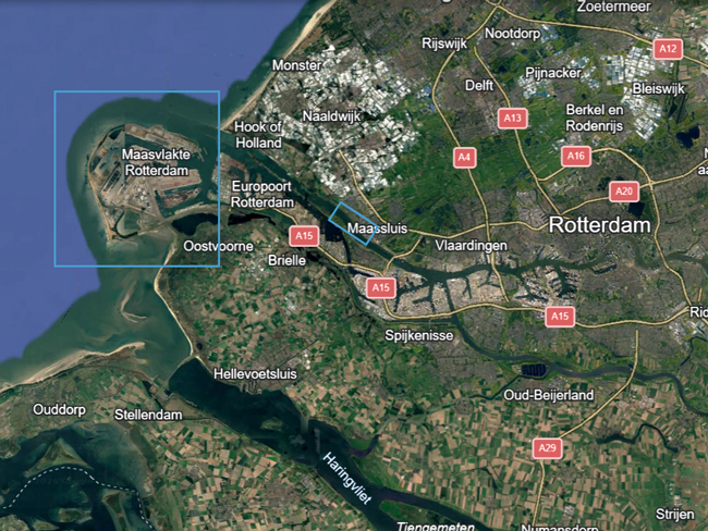 Google Earth satellite image of the Port of Rotterdam and surrounding region in the Netherlands. Blue outlined areas highlight the Maasvlakte/Europoort coastal port area and a smaller location near Maassluis along the Nieuwe Waterweg, west of Rotterdam.